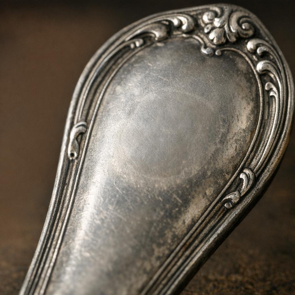 Macro reference photo showing a faint monogram removal ghost on a spoon handle