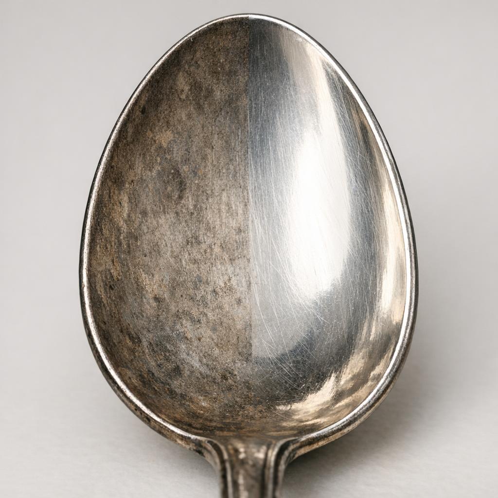 Reference photo showing patina versus polished finish on an antique silver spoon