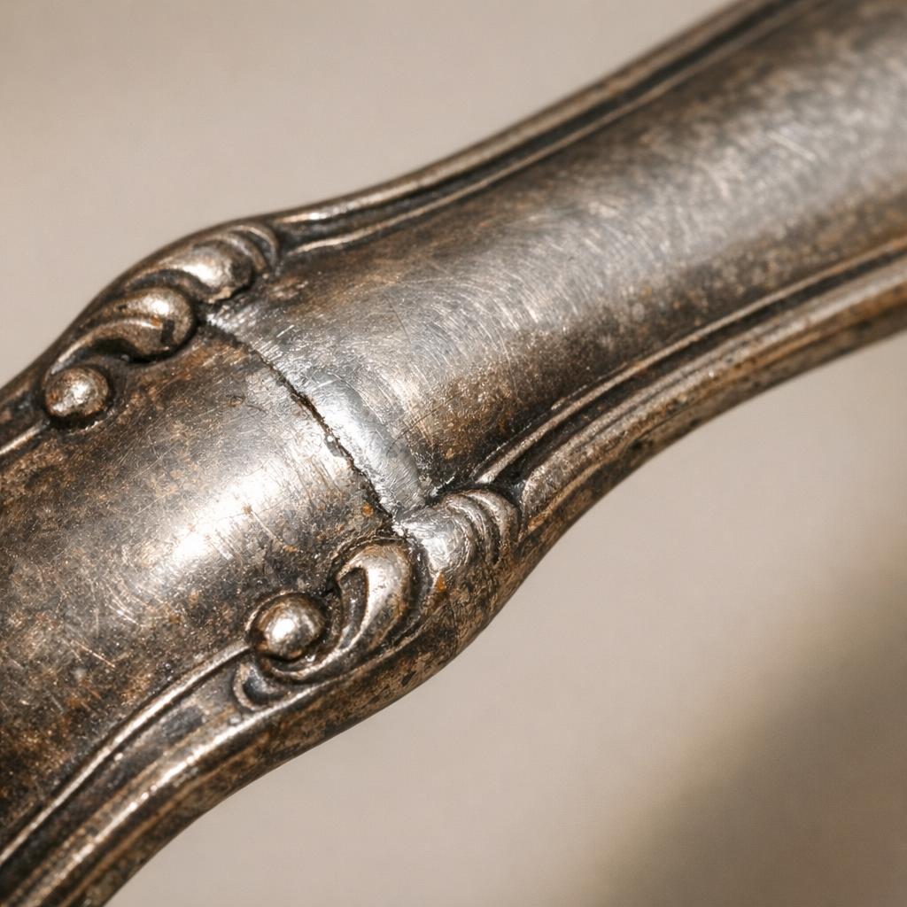 Macro reference photo showing a silver solder repair seam on a spoon handle