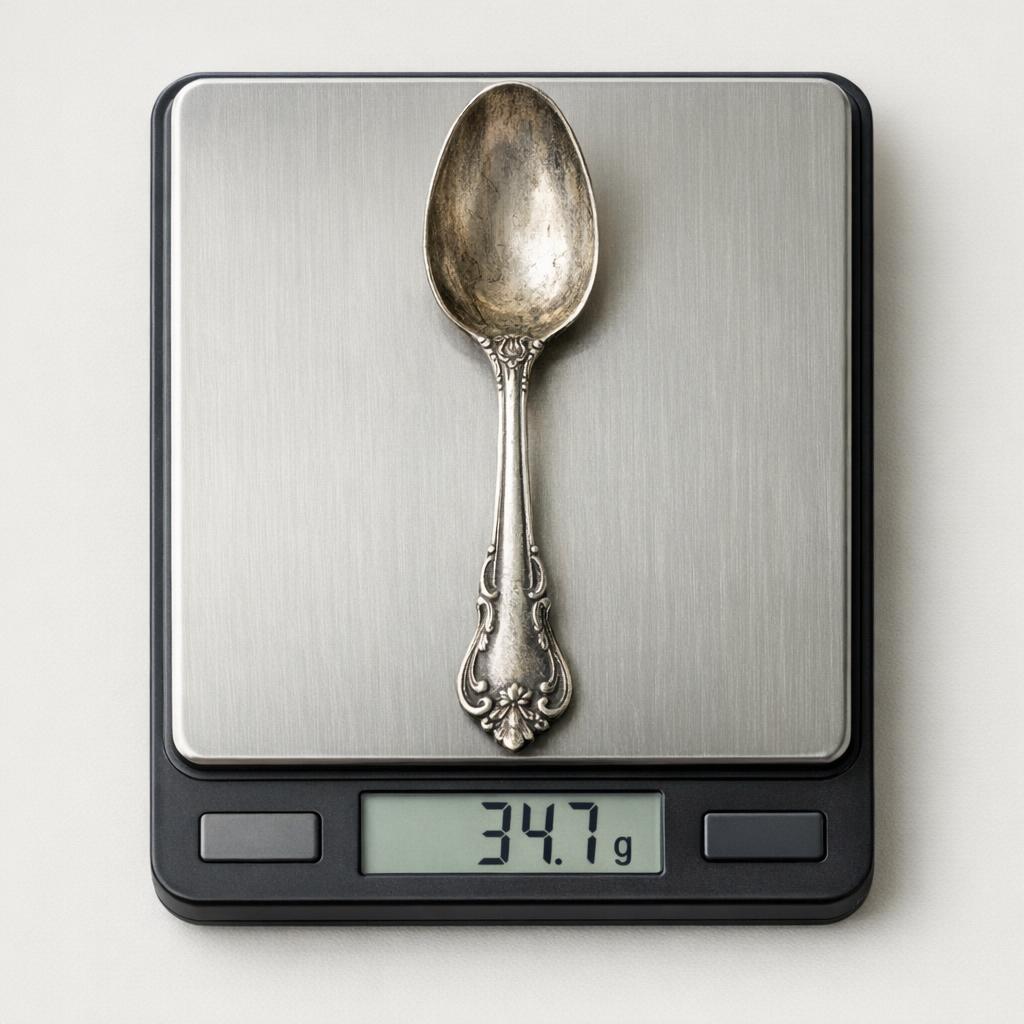 Reference photo of a silver spoon being weighed on a digital gram scale