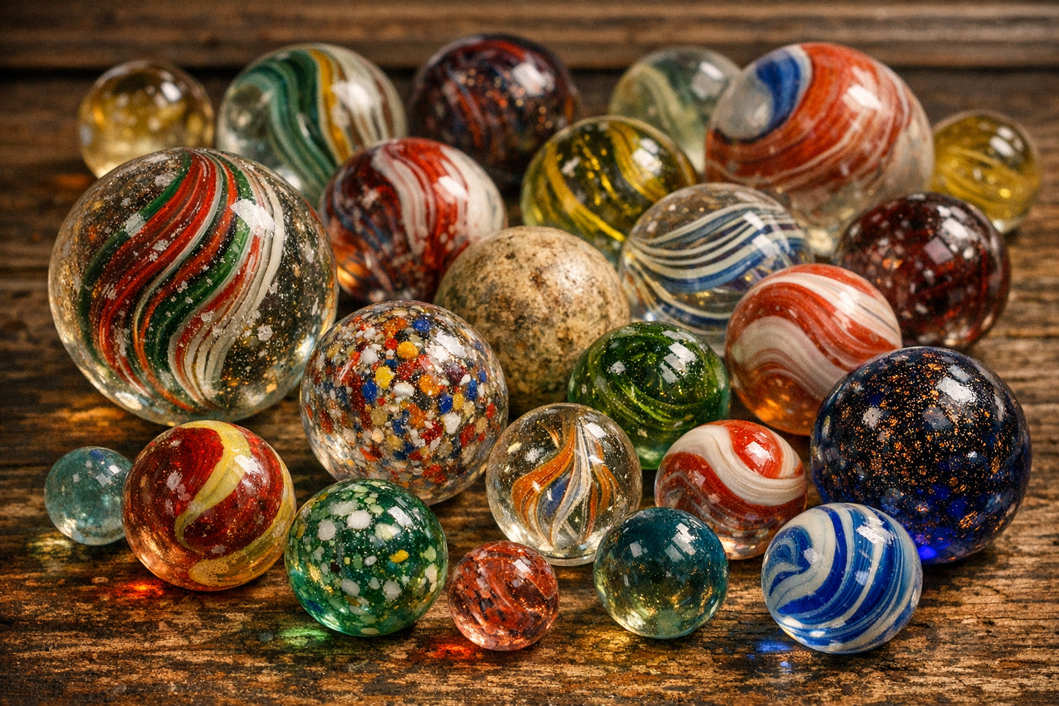 Reference image for documenting antique marble value factors including handmade or machine-made clues, pontils, cane type, color, size, surface wear, chips, fractures, provenance, and rarity