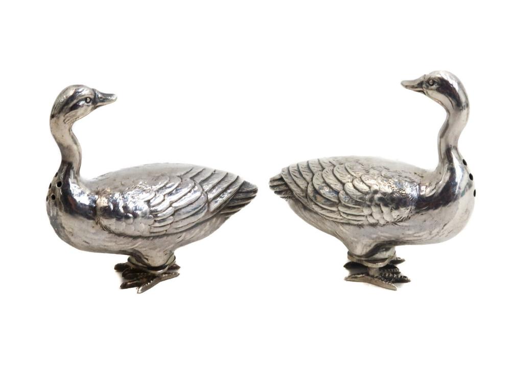 Auction comp thumbnail for Pair American Sterling Silver Duck or Geese Salt and Pepper Shakers circa 1930 (Taylor & Harris, Lot 95)