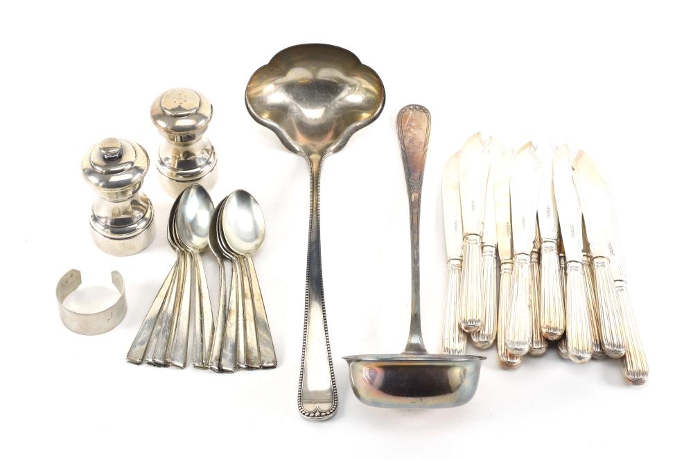 Auction comp thumbnail for Sterling silver and plates tableware. To include: large sterling ladle with beaded border decoration, sterling silver salt and pepper shakers, sterling napkin ring, set of 12 sterling silver teaspoons (monogrammed), a... (Tremont Auctions, Lot 63)