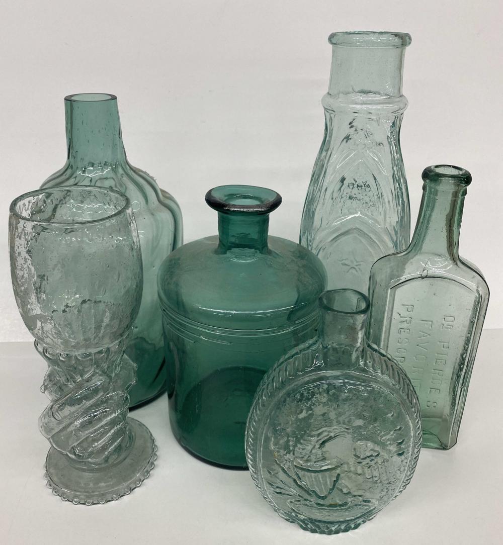 Auction photo: etched ship and cathedral bottles, Searchlight Saucon Valley Auctions lot 19