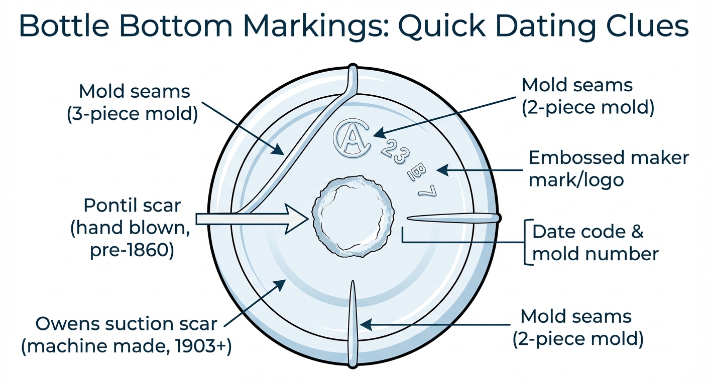 Infographic titled Bottle Bottom Markings: Quick Dating Clues showing pontil scar, Owens suction scar, mold seams, maker mark, and date code