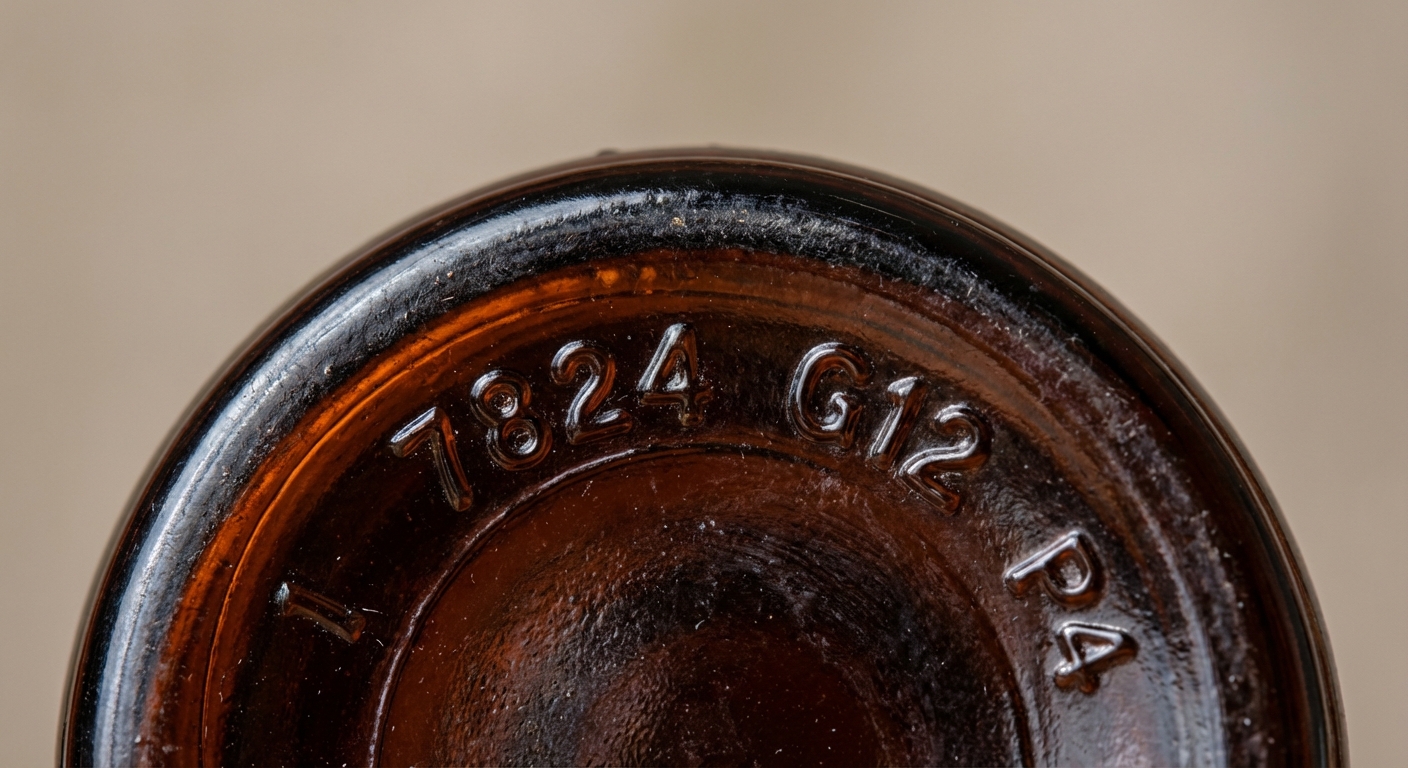 Medicine bottle base showing embossed mold numbers and letters around the heel