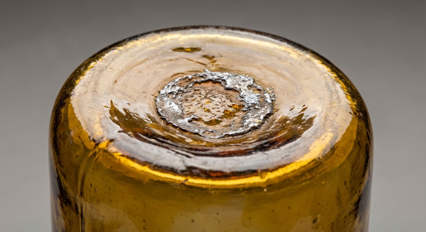 Close-up of a hand-blown bottle bottom showing a rough circular pontil scar