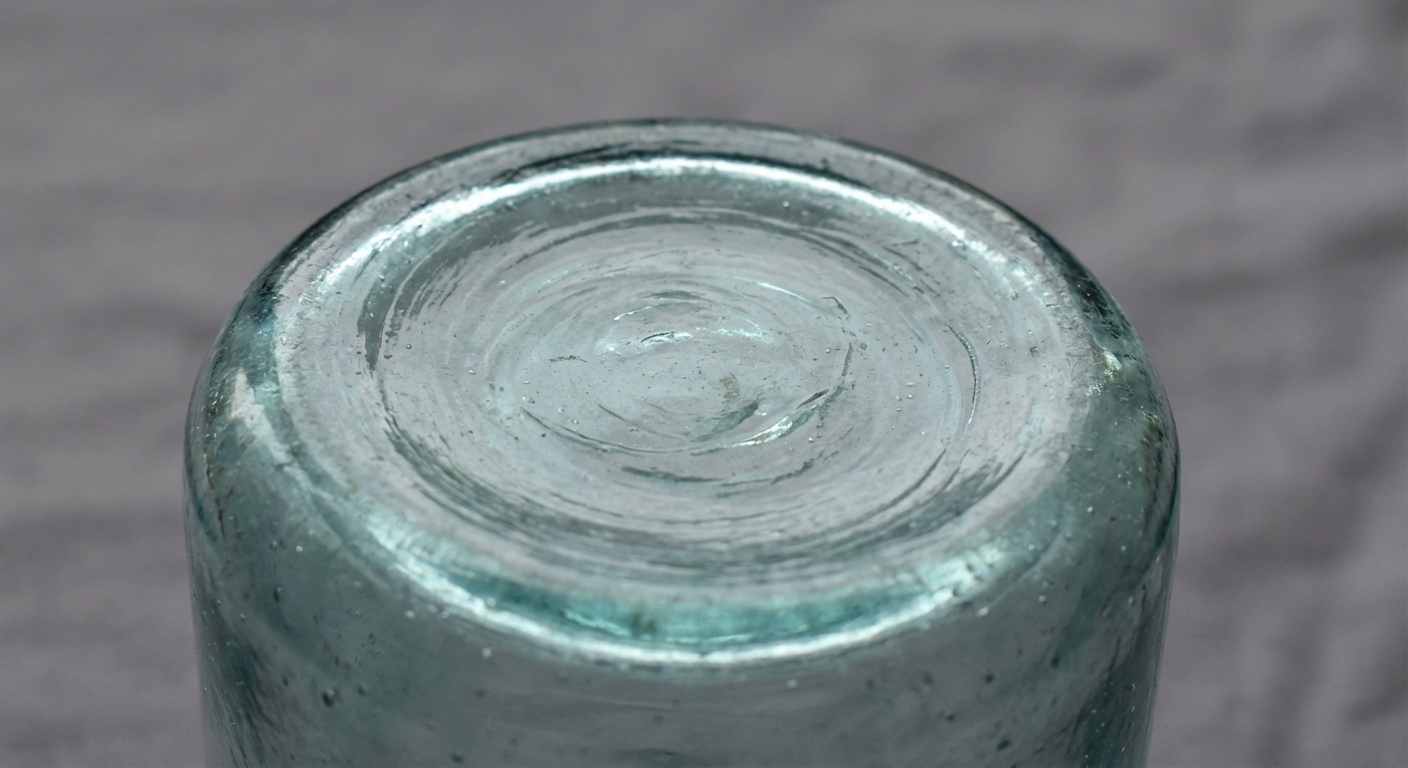 Aqua turn-mold bottle base showing subtle swirling glass texture and no maker mark