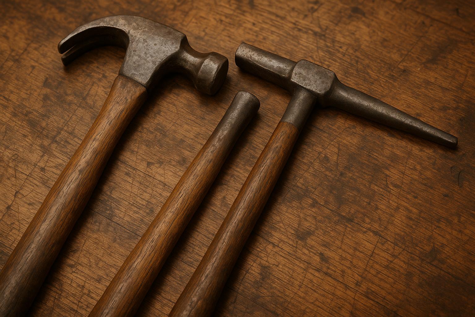 Reference image for documenting antique hammer identification factors including head type, peen or claw, maker marks, handle, wedges, use wear, patent dates, repairs, rust, and condition