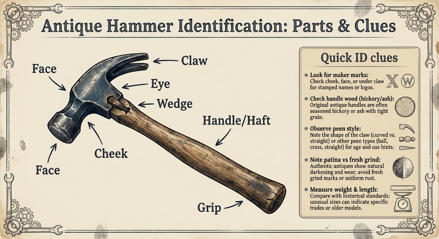 Infographic labeling antique hammer parts: face, claw, cheek, eye, wedge, handle and grip