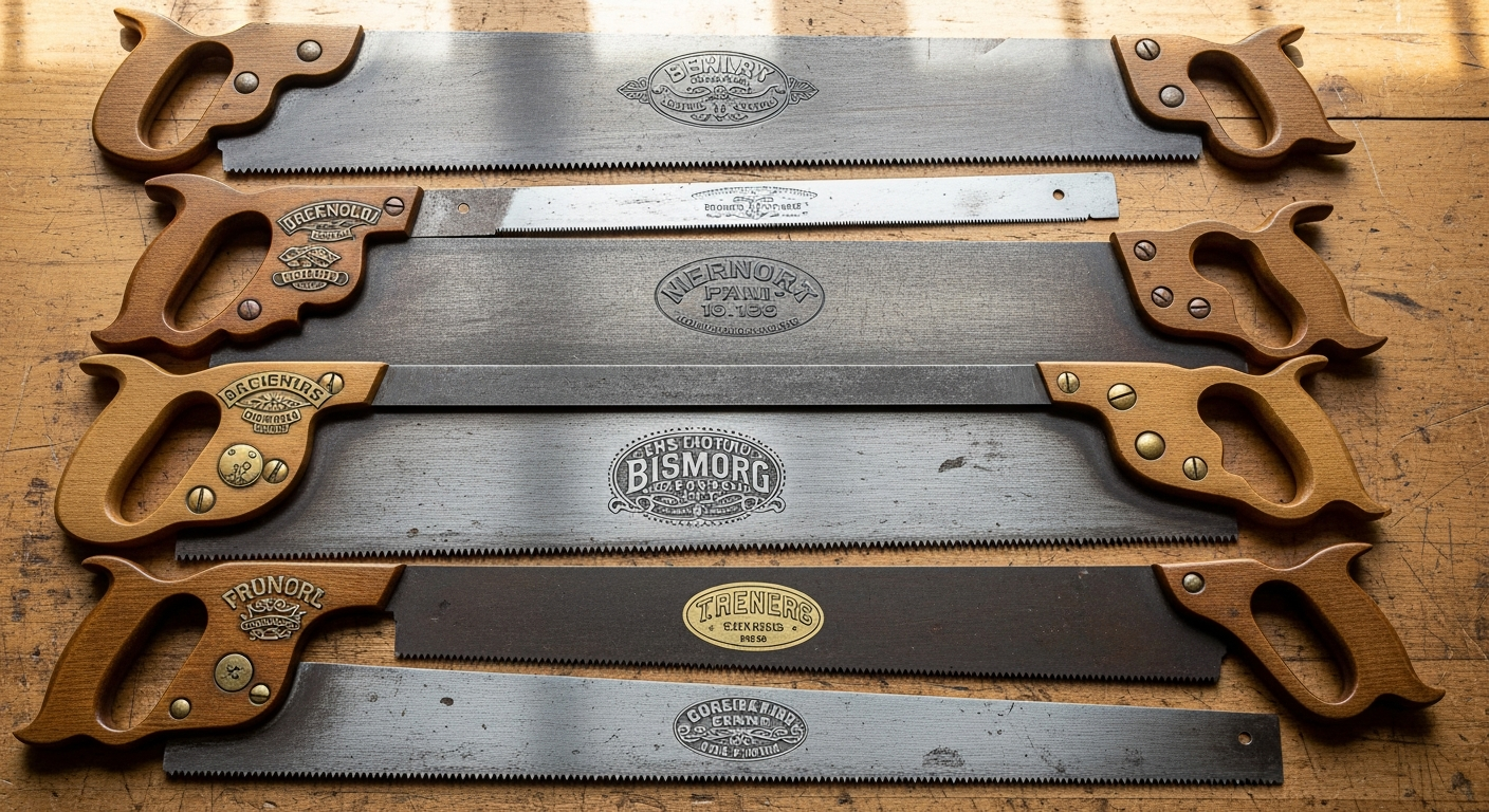 Reference image for documenting antique hand saw identification factors including maker medallions, etches, tooth pattern, plate length, handle shape, nuts, repairs, sharpening, rust, and condition