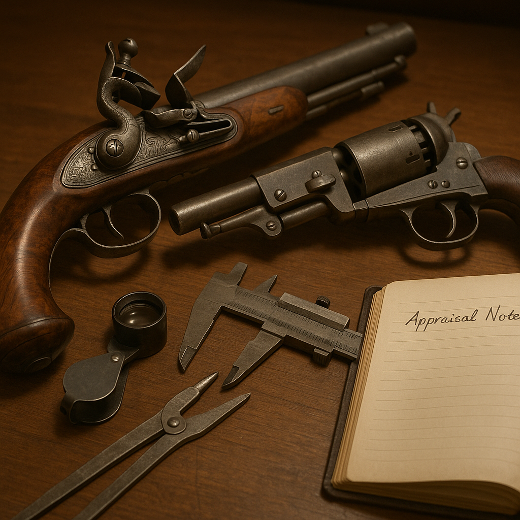 Reference image for antique gun appraisal documentation including maker marks, proof marks, model, serial numbers, action, barrel, stock, finish, provenance, legal limits, and condition