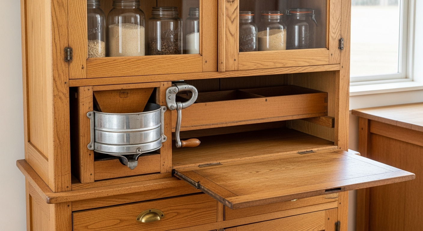 Reference image for an antique Hoosier cabinet with flour sifter including maker label, sifter, bins, enamel top, tambour, hardware, finish, condition, photos, and provenance