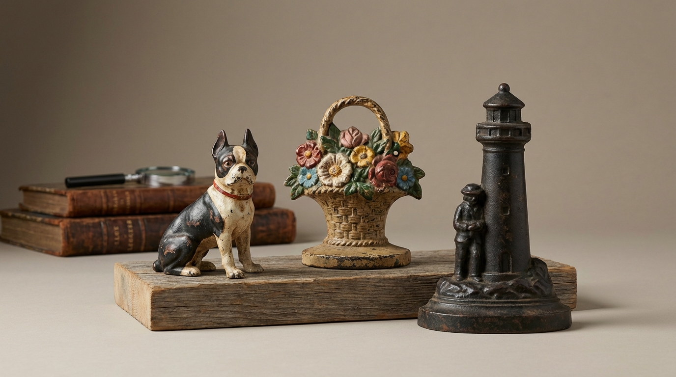 Reference image for antique cast iron doorstop value including maker marks, mold lines, paint, casting quality, form, repairs, condition, rarity, photos, and provenance