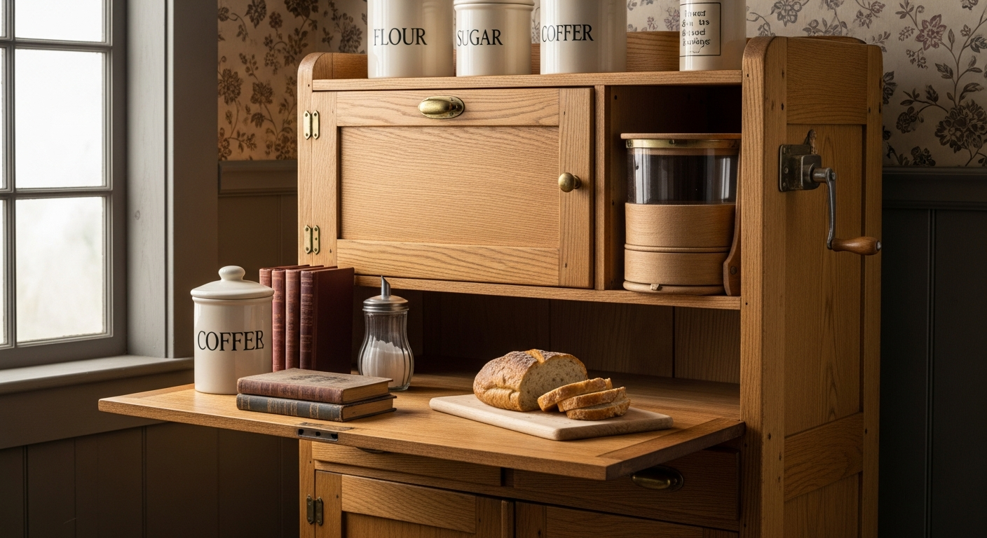Reference image for antique Hoosier cabinet value including maker label, roll doors, flour bin, enamel worktop, hardware, finish, repairs, condition, photos, and provenance