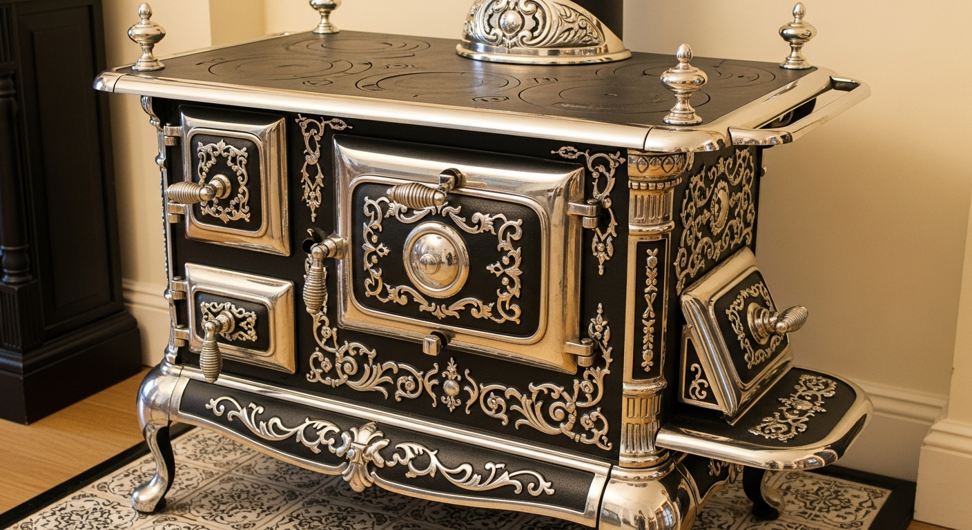 Reference image for antique stove value including maker marks, model, cast iron, nickel trim, doors, grates, firebox, missing parts, repairs, condition, photos, and safety limits