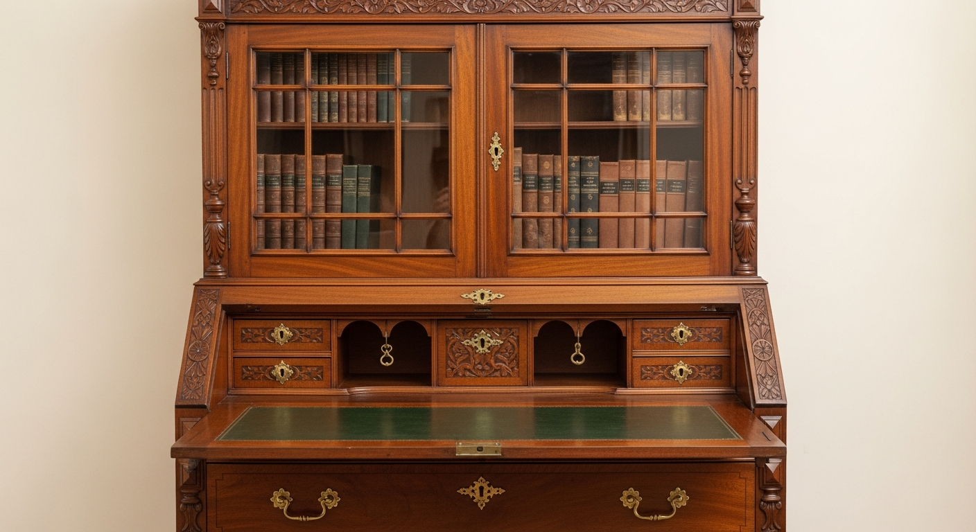 Reference image for antique secretary desk with hutch value including wood, bookcase, drop front, drawers, locks, hardware, glass, finish, repairs, photos, and provenance