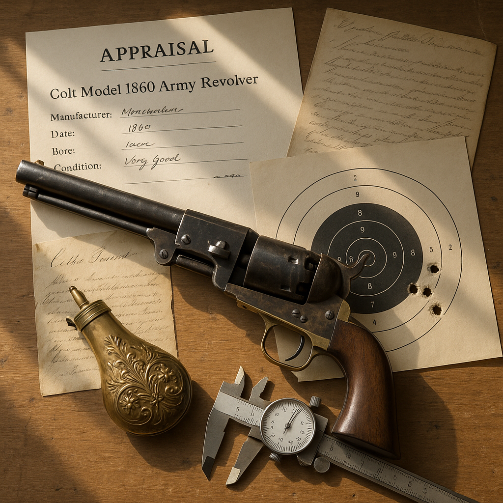 Reference image for antique gun serial number identification including maker marks, proof marks, model features, caliber, condition, legal context, photos, and provenance