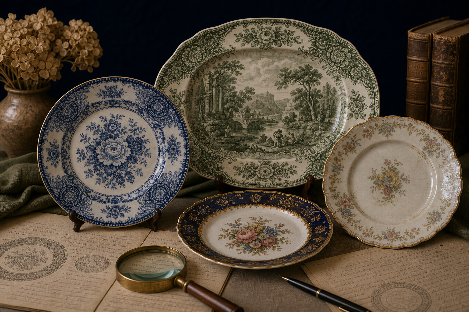 Reference image for Currier and Ives Old Grist Mill dishes value including maker, pattern, color, backstamp, piece type, set size, crazing, chips, wear, and photos