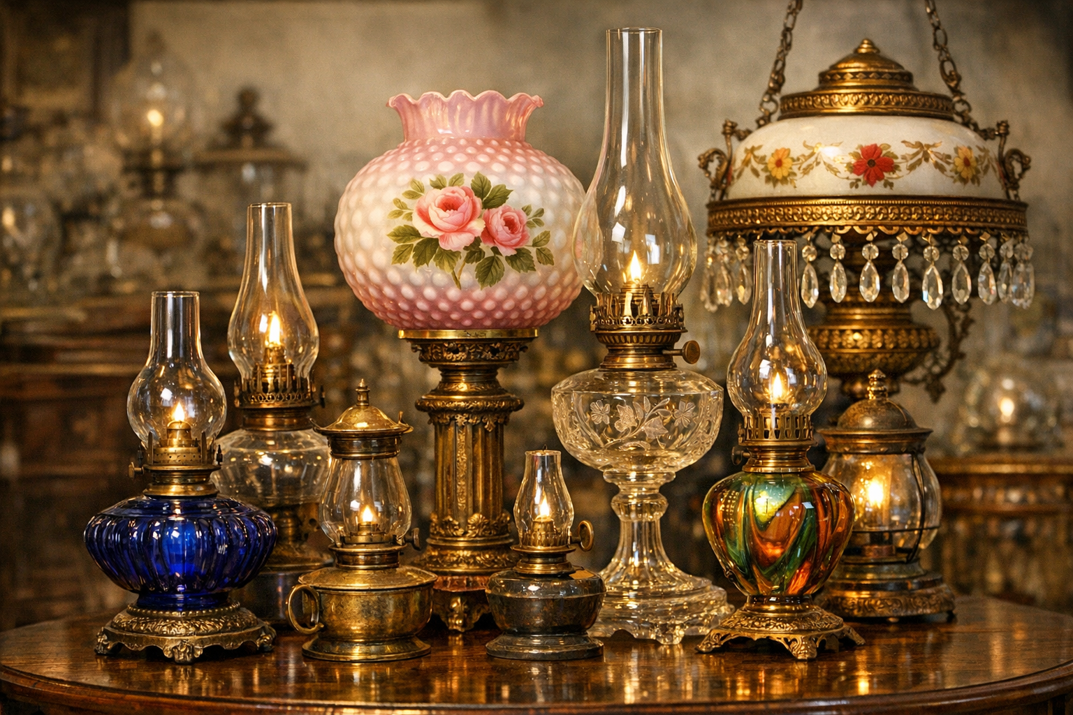 Reference image for old oil lamps value including burner, font, chimney, shade, base, maker marks, electrification, cracks, repairs, missing parts, photos, and provenance