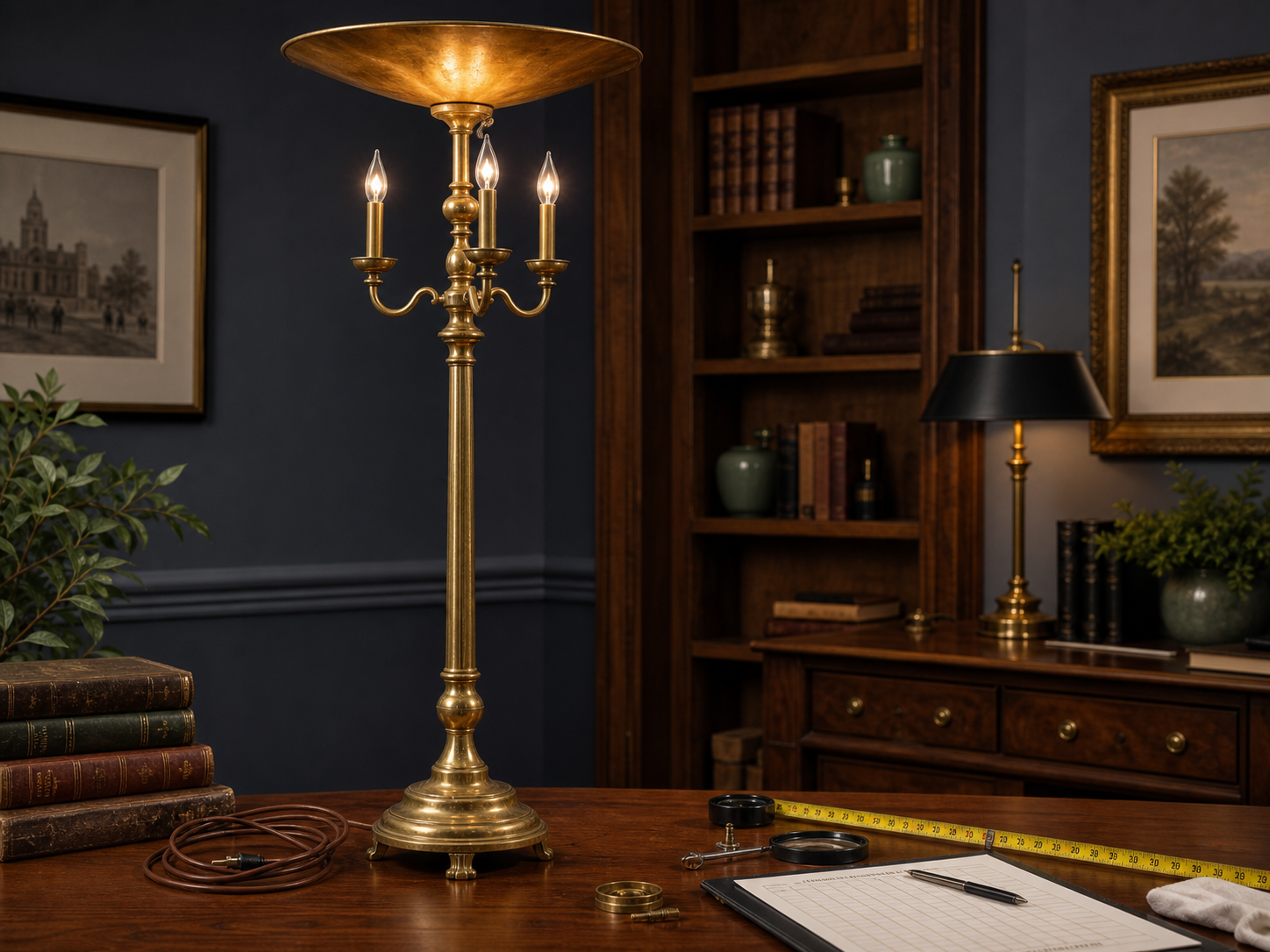 Reference image for antique brass lamps value including patina, base, shade, socket, wiring, maker marks, casting quality, repairs, polish, condition, photos, and provenance