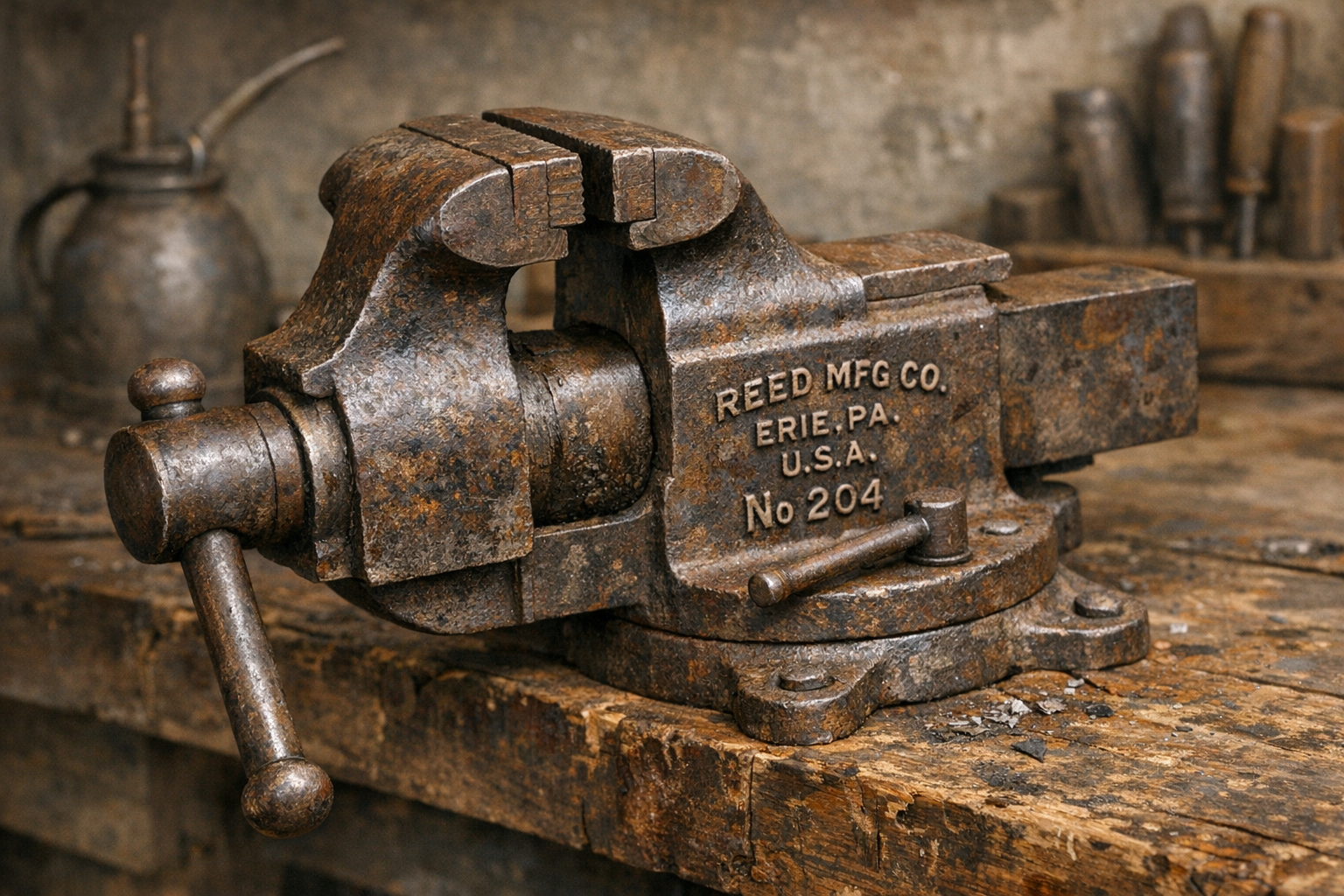 Reference image for antique vise identification including maker marks, jaw width, model numbers, screw, base, repairs, paint, photos, measurements, and condition