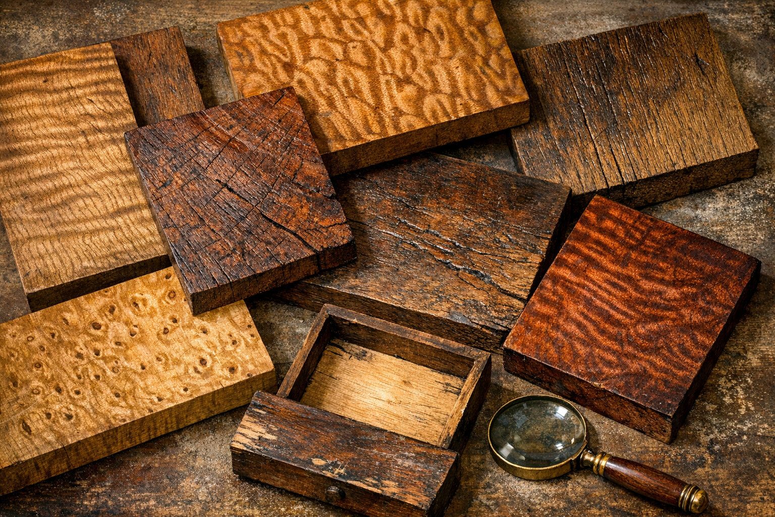 Reference image for antique wood type identification including grain, end grain, joinery, veneer, finish, tool marks, repairs, photos, and furniture style