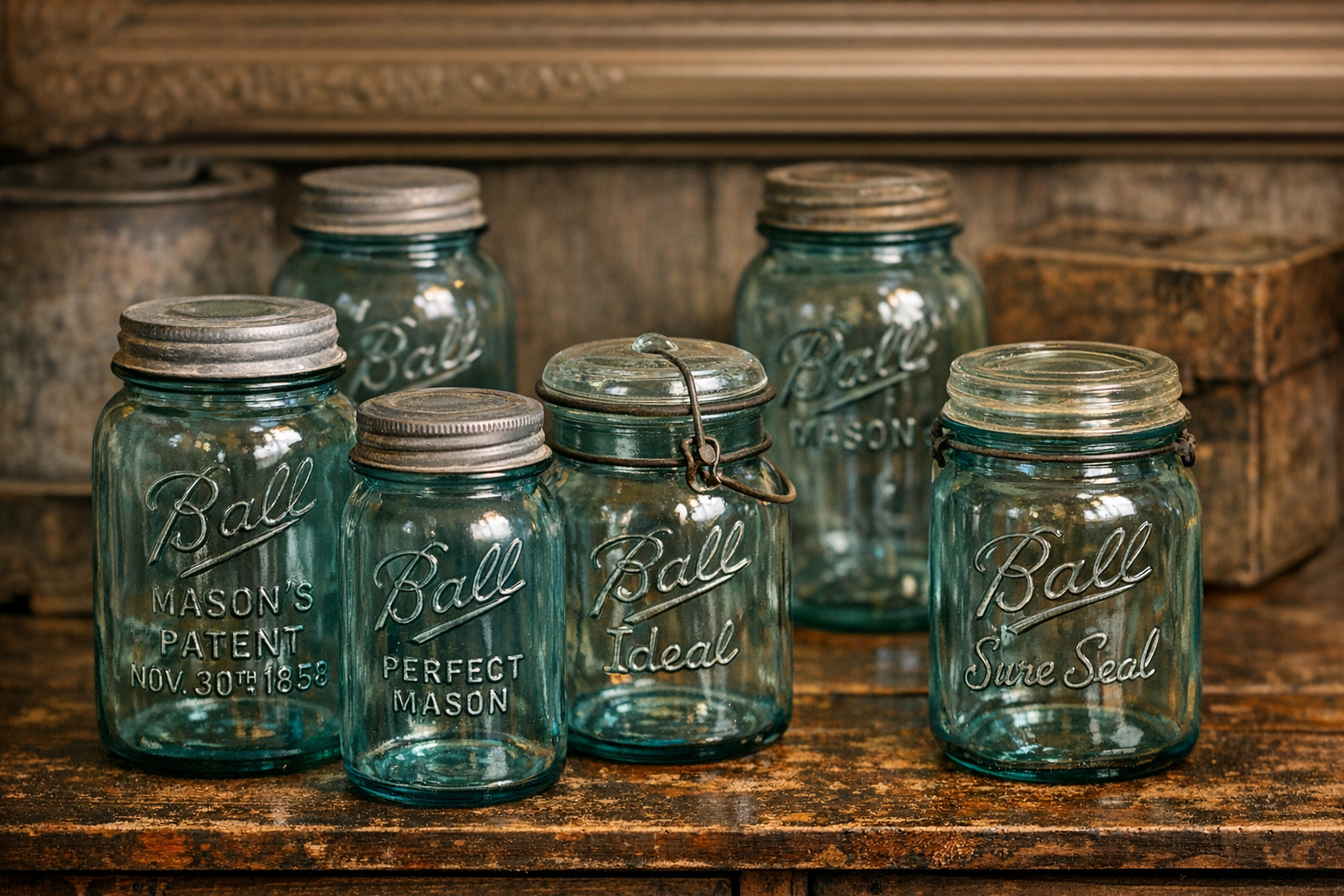 Reference image for old Mason jar collection value including brands, logo style, glass color, closure type, mold seams, chips, photos, and condition