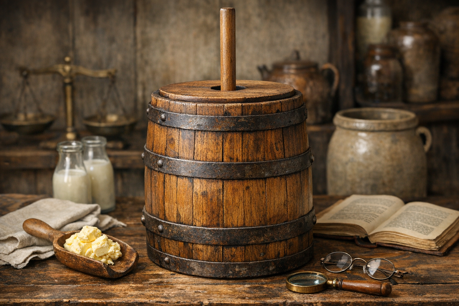 Reference image for antique butter churn value including material, maker marks, lid, dasher, glaze, wood surface, repairs, photos, and condition