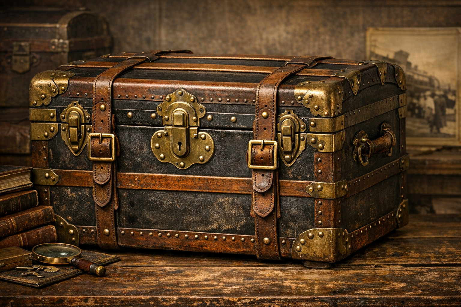 Reference image for antique steamer trunks value including type, hardware, lock, labels, covering, slats, interior, repairs, dimensions, photos, and condition