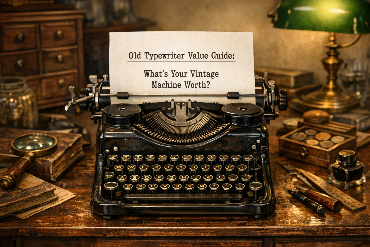 Reference image for vintage typewriters value including brand, model, serial number, keyboard, case, mechanics, finish, repairs, photos, and condition