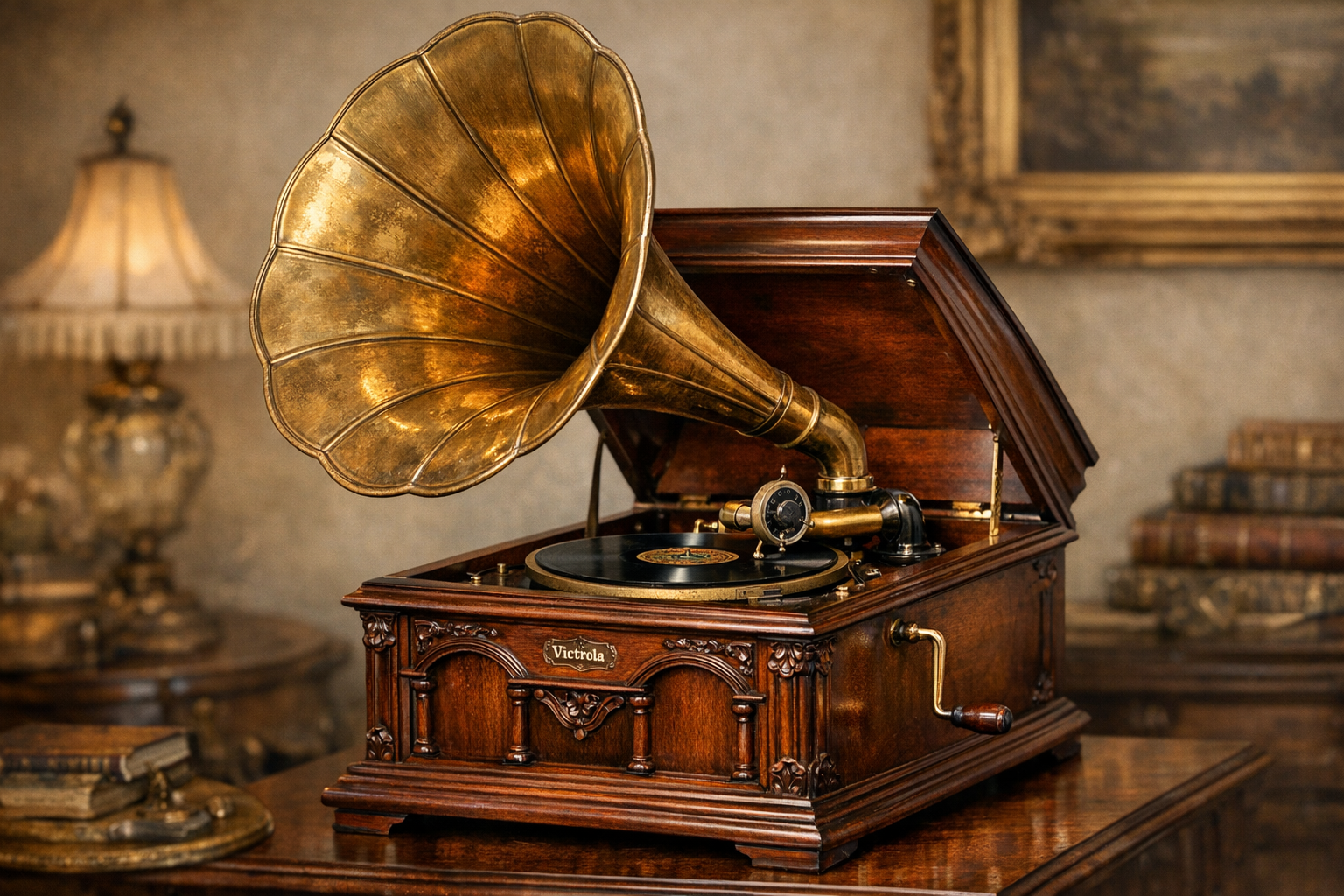 Reference image for antique Victrola record players value including model, serial plate, horn, reproducer, cabinet, finish, motor, repairs, photos, and condition