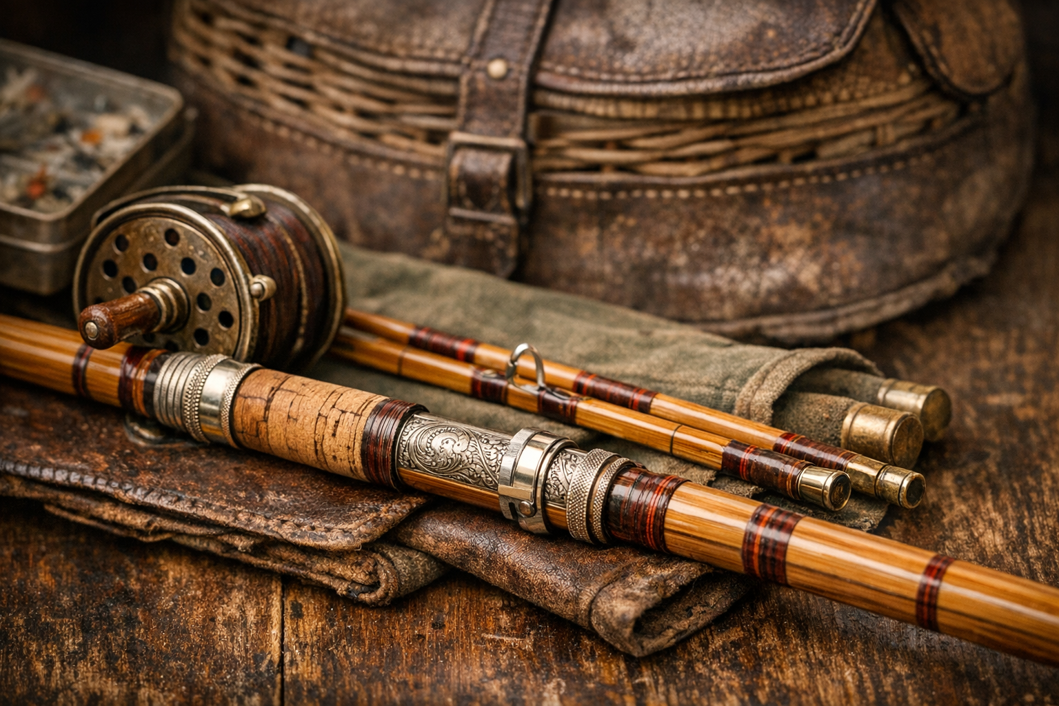 Reference image for antique bamboo fly rod identification including maker marks, ferrules, wraps, sections, tube, bag, repairs, photos, measurements, and condition