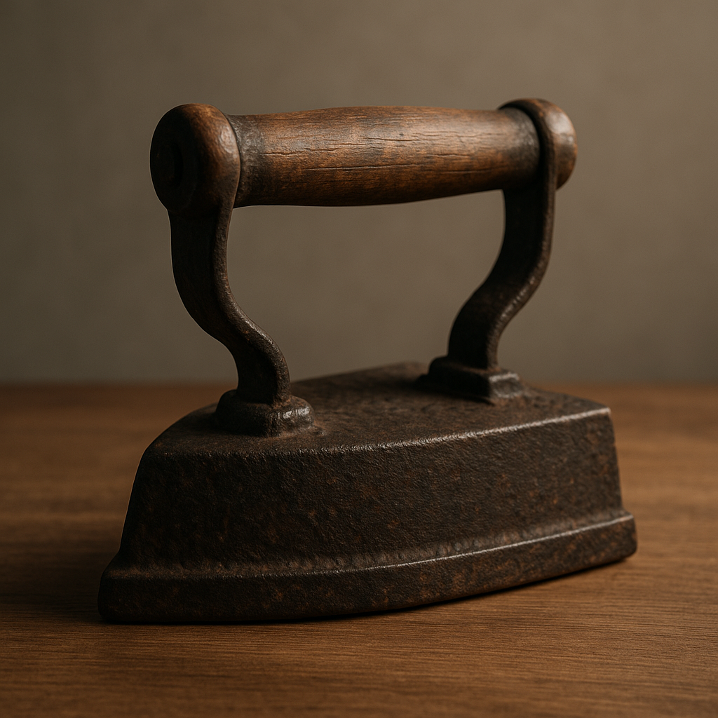 Reference image for antique sad iron identification including handle, base, slug or charcoal chamber, maker marks, casting details, rust, repairs, photos, and condition