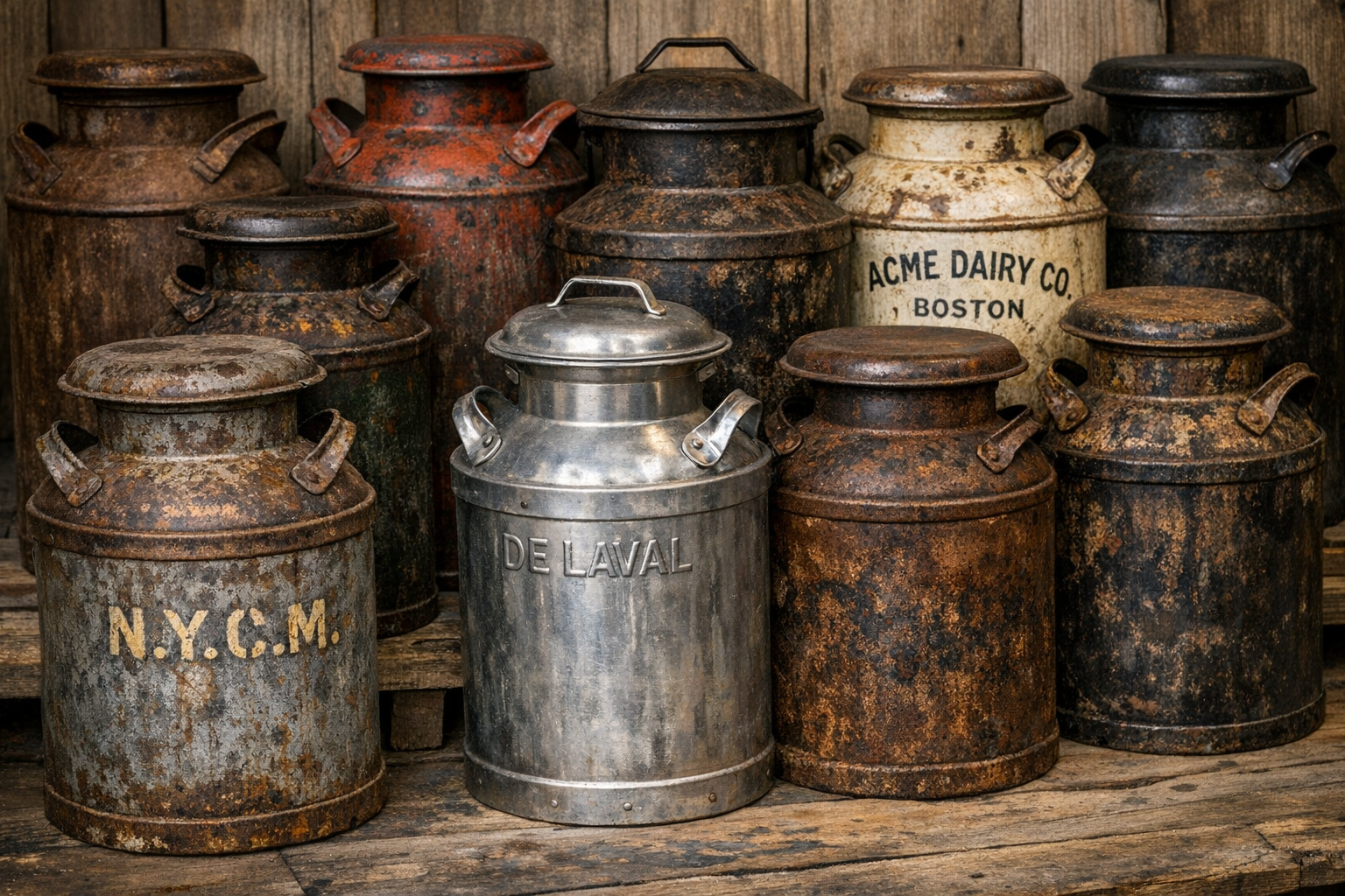 Reference image for old milk can identification including maker marks, dairy names, lid, handles, seams, paint, dents, rust, repairs, photos, dimensions, and condition