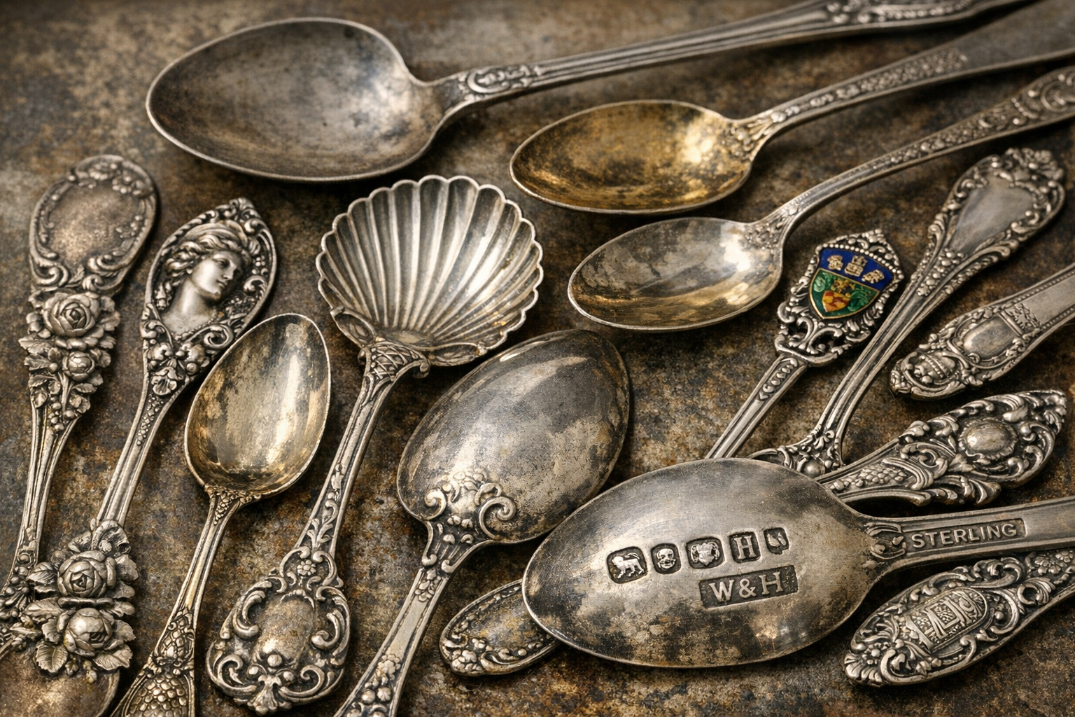 Reference image for 18th century antique spoon identification including hallmarks, maker, silver standard, bowl shape, stem, monogram, weight, repairs, photos, and condition