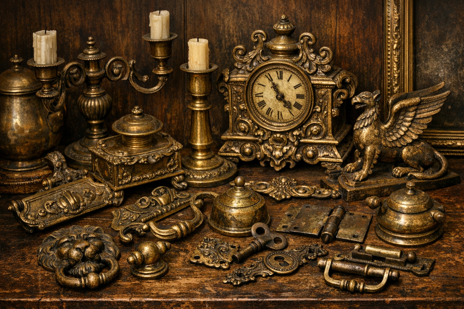 Reference image for antique brass identification including alloy color, patina, casting, seams, fasteners, marks, wear, repairs, photos, and condition