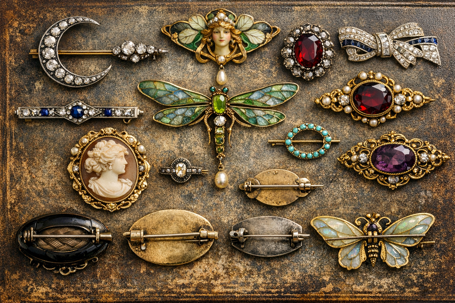 Reference image for antique brooches value including metal, marks, stones, clasp, setting, maker, repairs, photos, measurements, and condition
