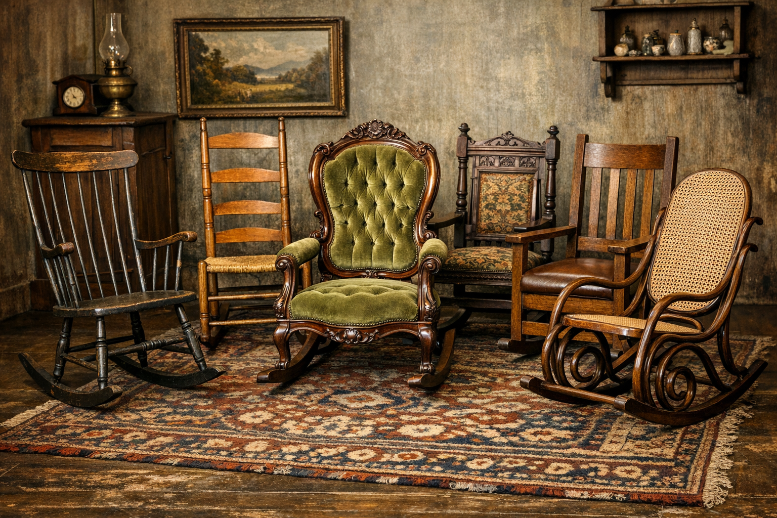 Reference image for antique rocking chairs value including wood, style, joinery, seat, rockers, maker marks, repairs, photos, dimensions, and condition