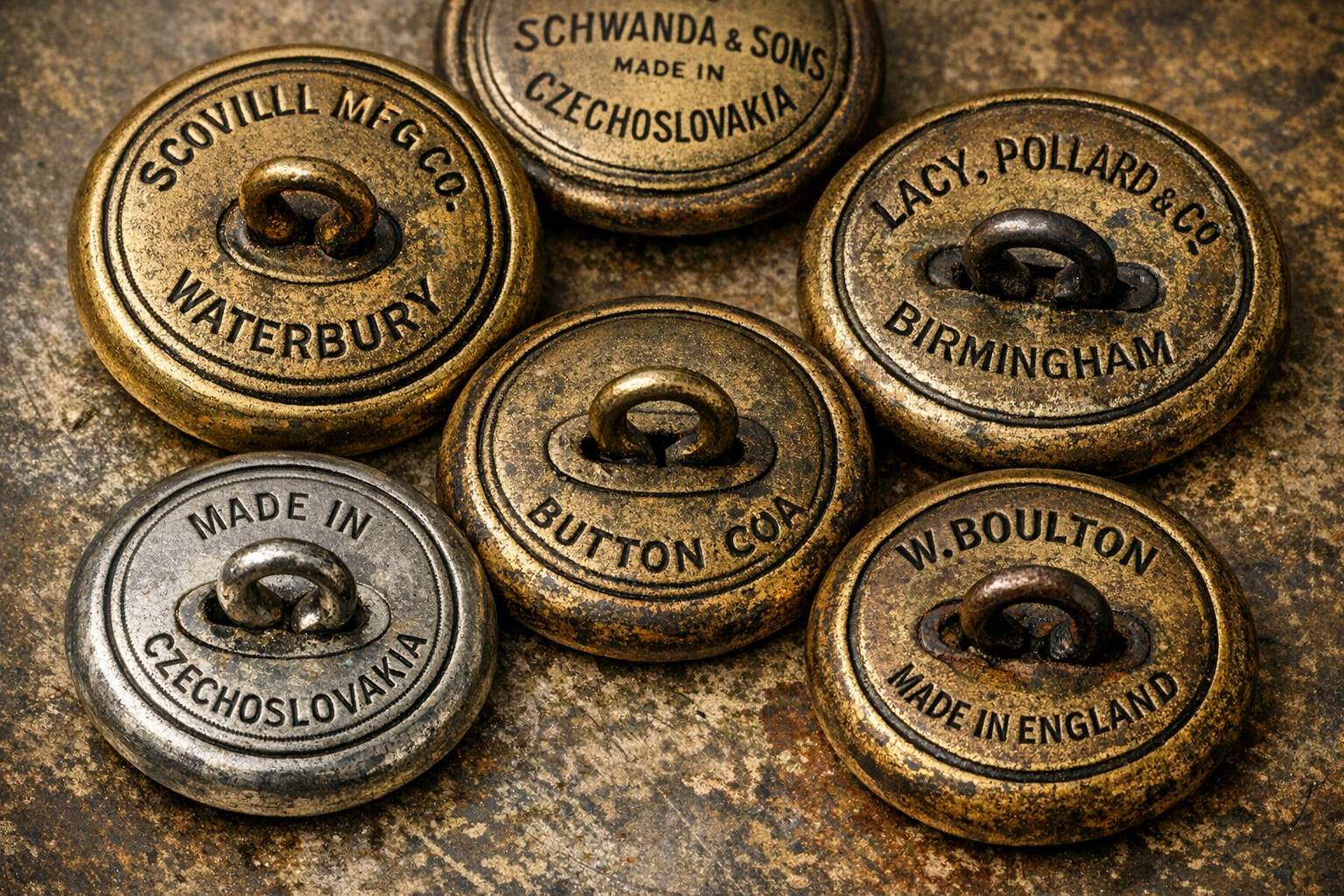 Reference image for old metal buttons identification including backmarks, shank style, metal, design, uniform clues, patina, photos, measurements, and condition