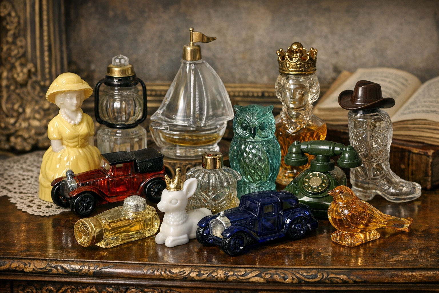 Reference image for old Avon bottles value including bottle shape, label, stopper, contents, mold marks, box, photos, size, and condition