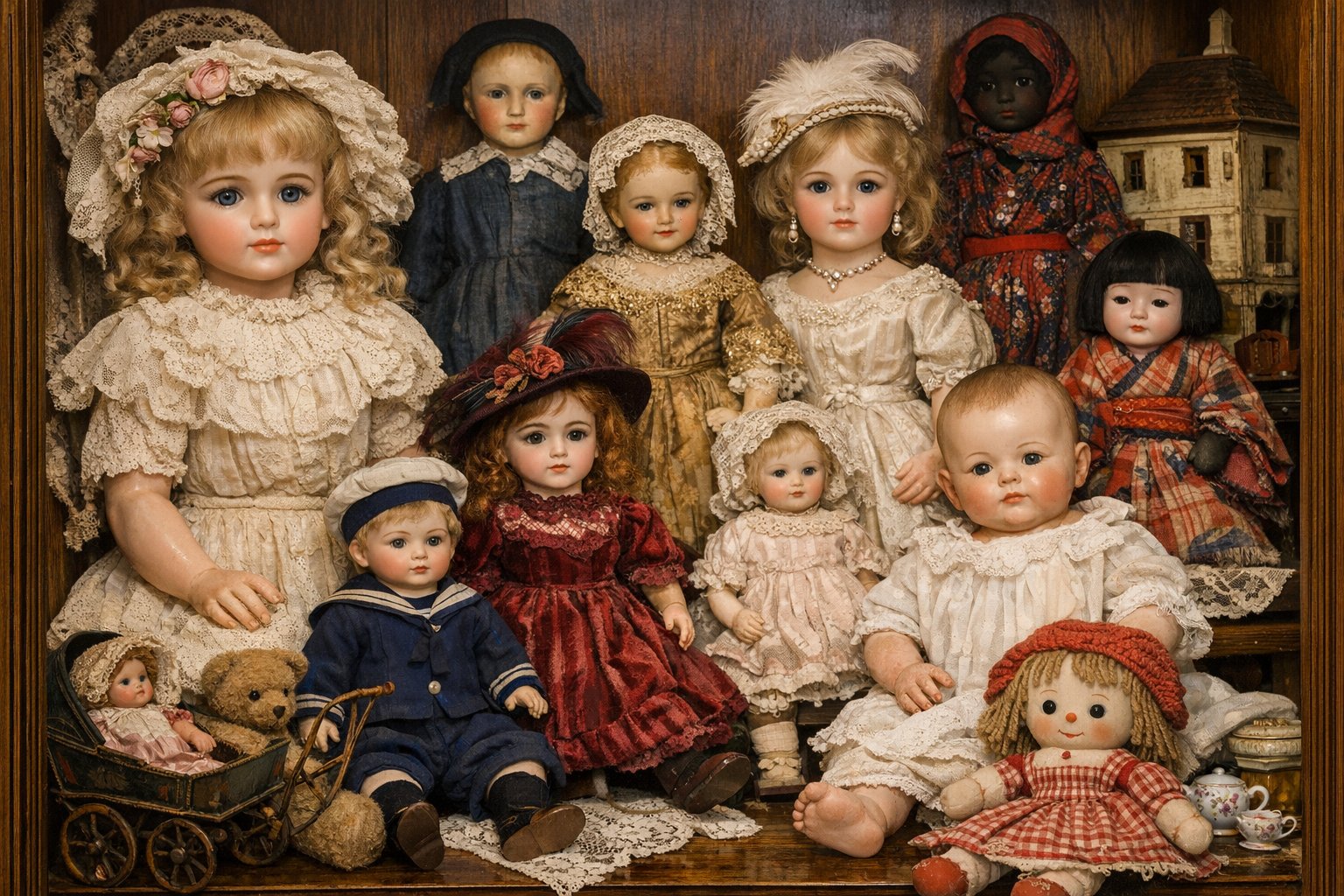 Collection of antique dolls showing materials, faces, clothing, body types, accessories, size, and condition details