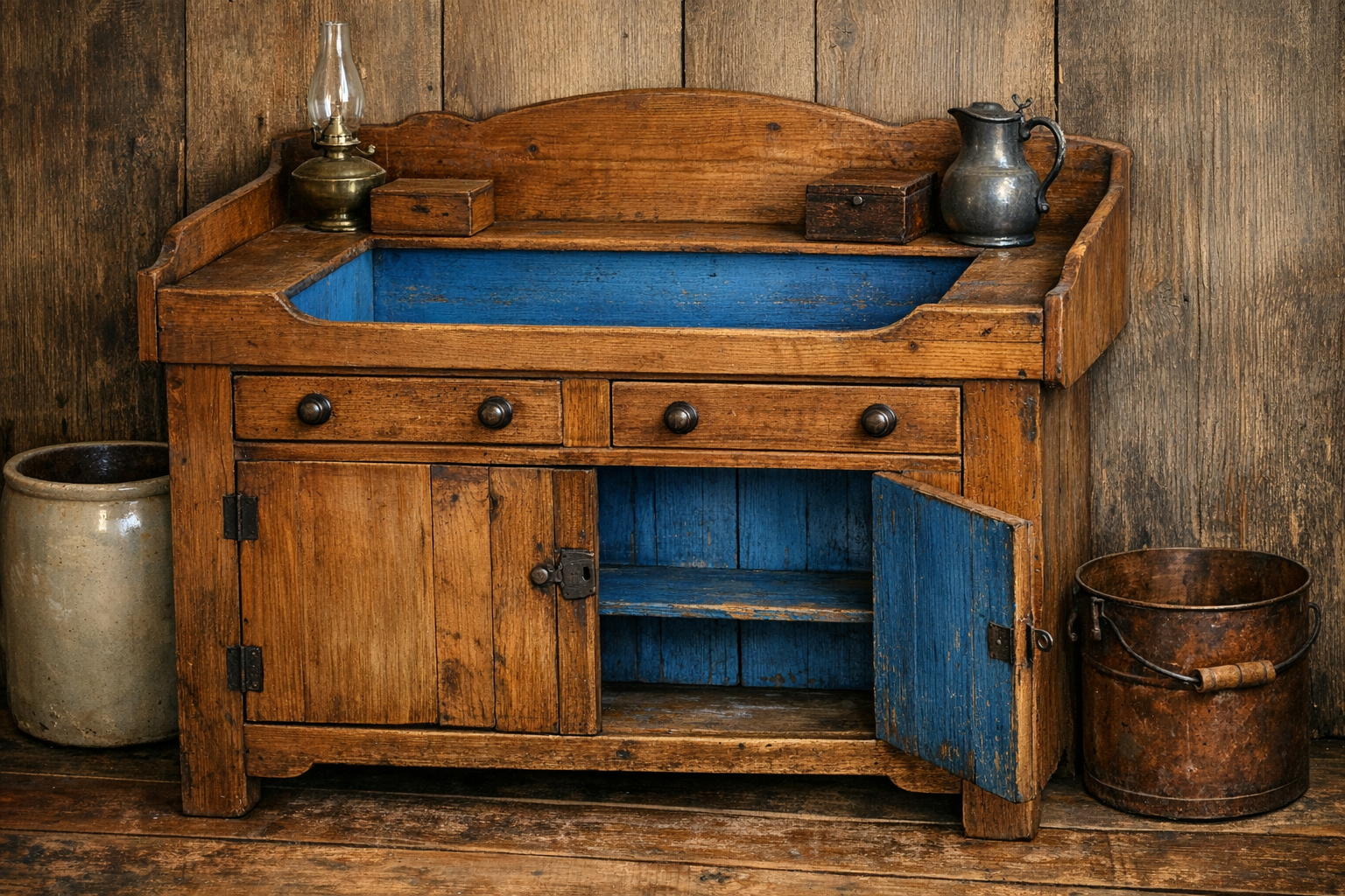 Related antique kitchen storage furniture with old wood, doors, hardware, open storage, finish wear, and condition details for pie safe documentation