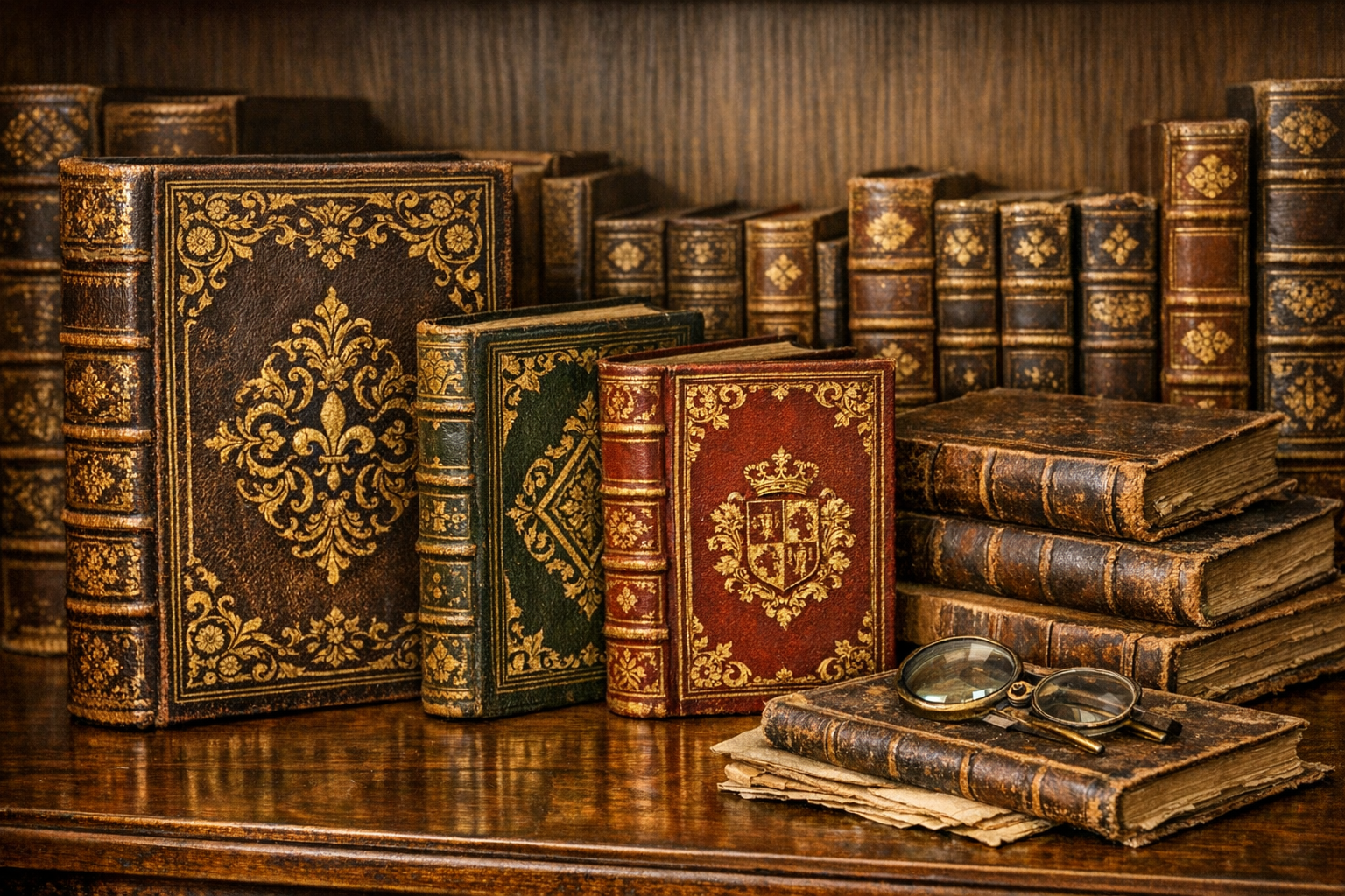 Rare and antique books with leather bindings, title pages, condition notes, magnifier, and reference material for edition and condition documentation