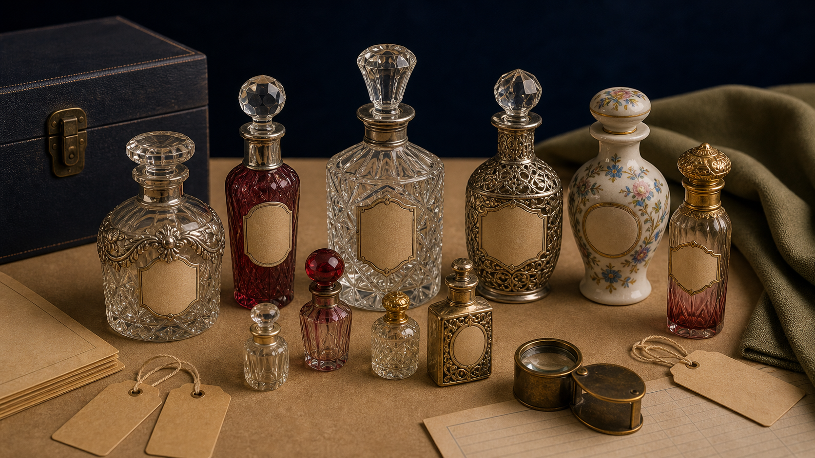 Antique and vintage perfume bottles with colored glass, stoppers, labels, decoration, chips, and reference notes for condition documentation