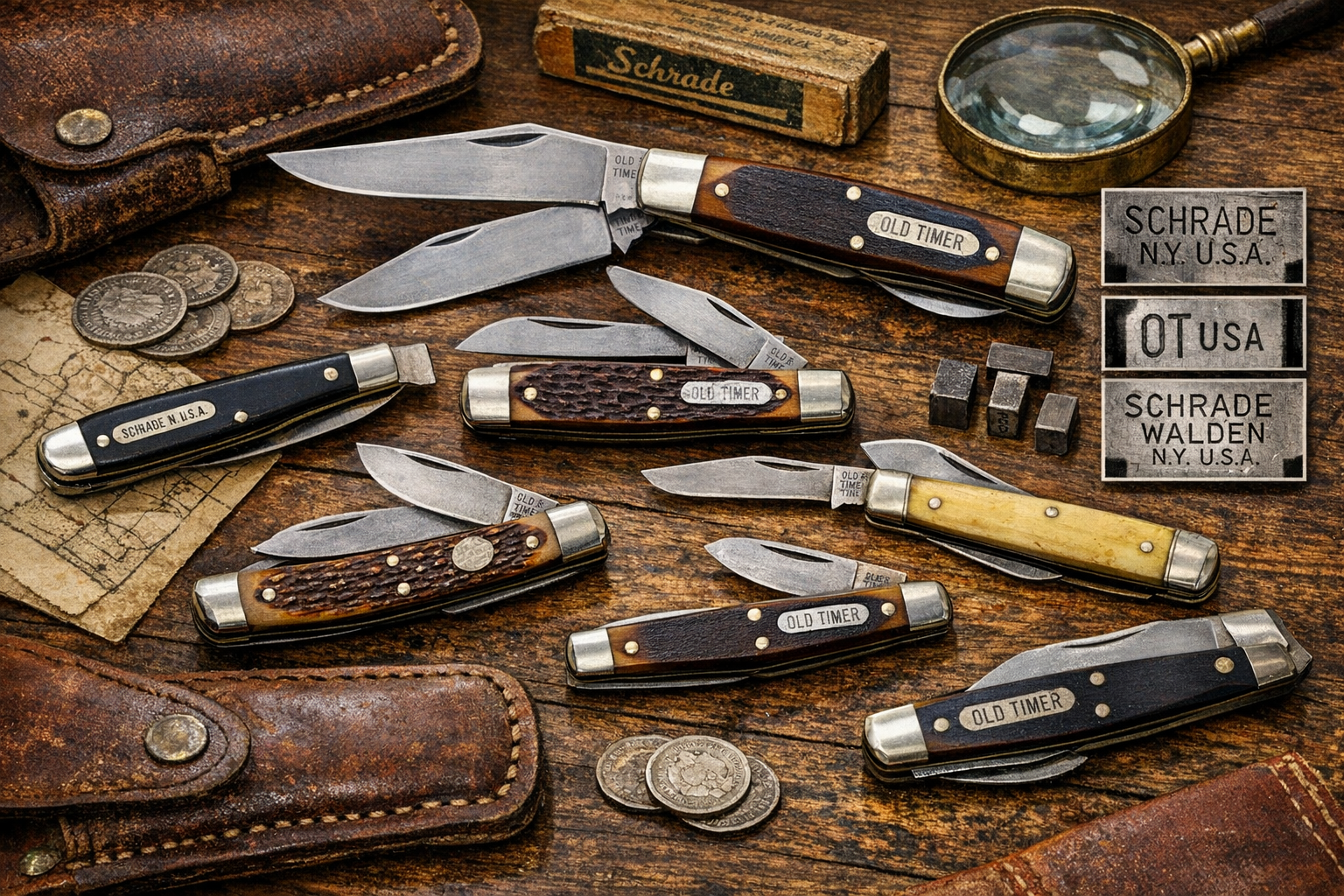 Vintage Old Timer pocket knives with open blades, tang stamps, handle scales, boxes, and condition notes for model and wear documentation