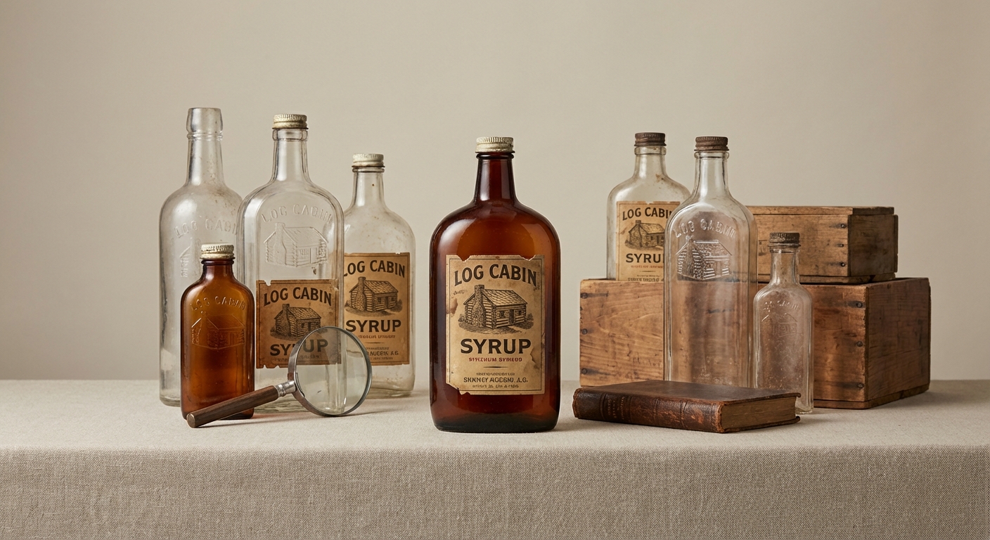 Antique Log Cabin syrup bottle with label, glass cabin form, closure area, base details, and condition clues for documentation