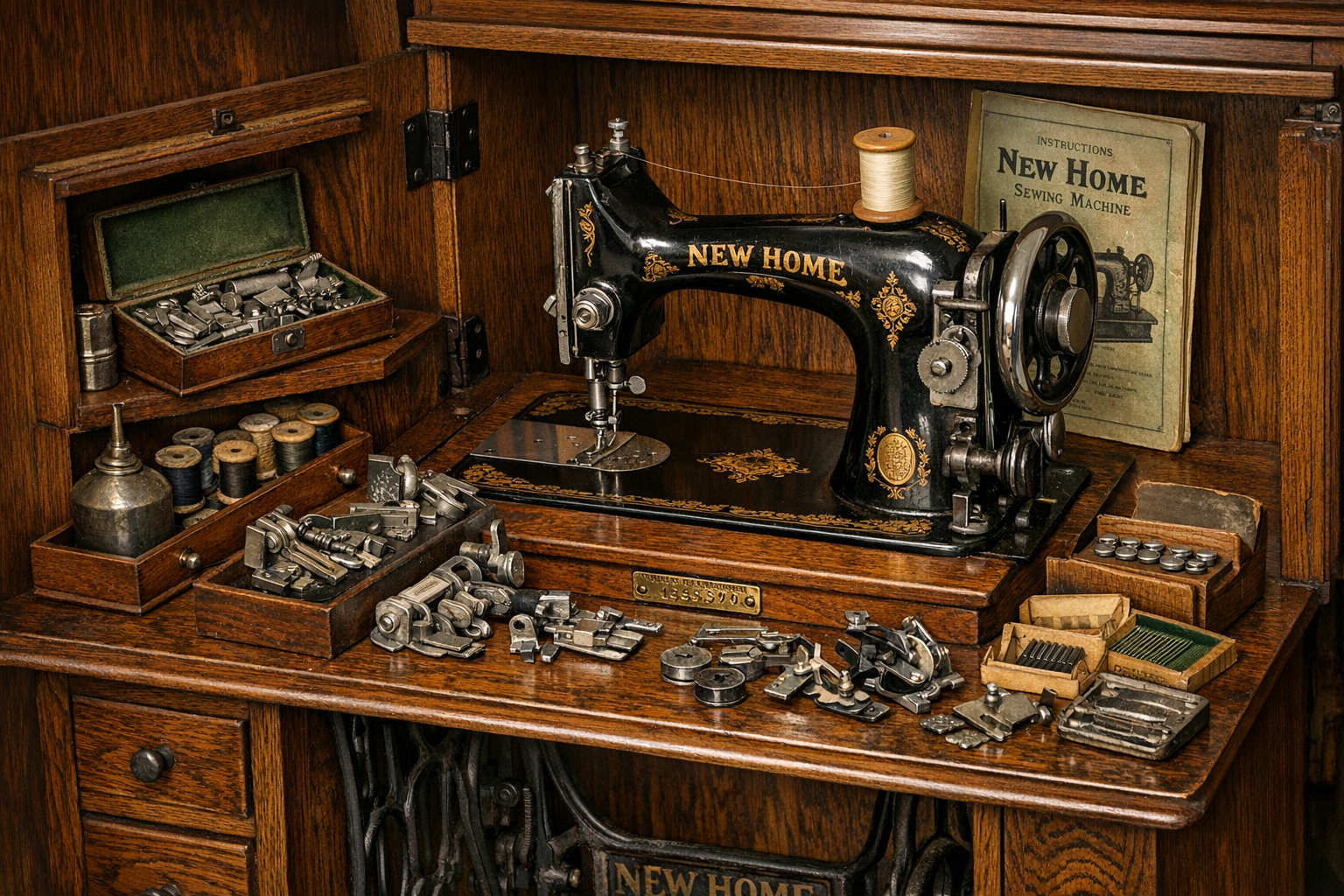 Antique sewing machine in a wooden cabinet with treadle base, drawers, attachments, decals, serial-number area, and condition notes