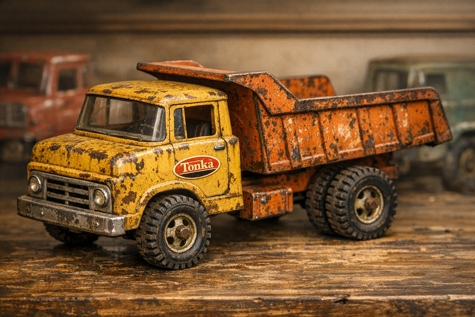 Old metal Tonka trucks with pressed steel bodies, decals, paint wear, wheels, dump beds, boxes, and condition notes