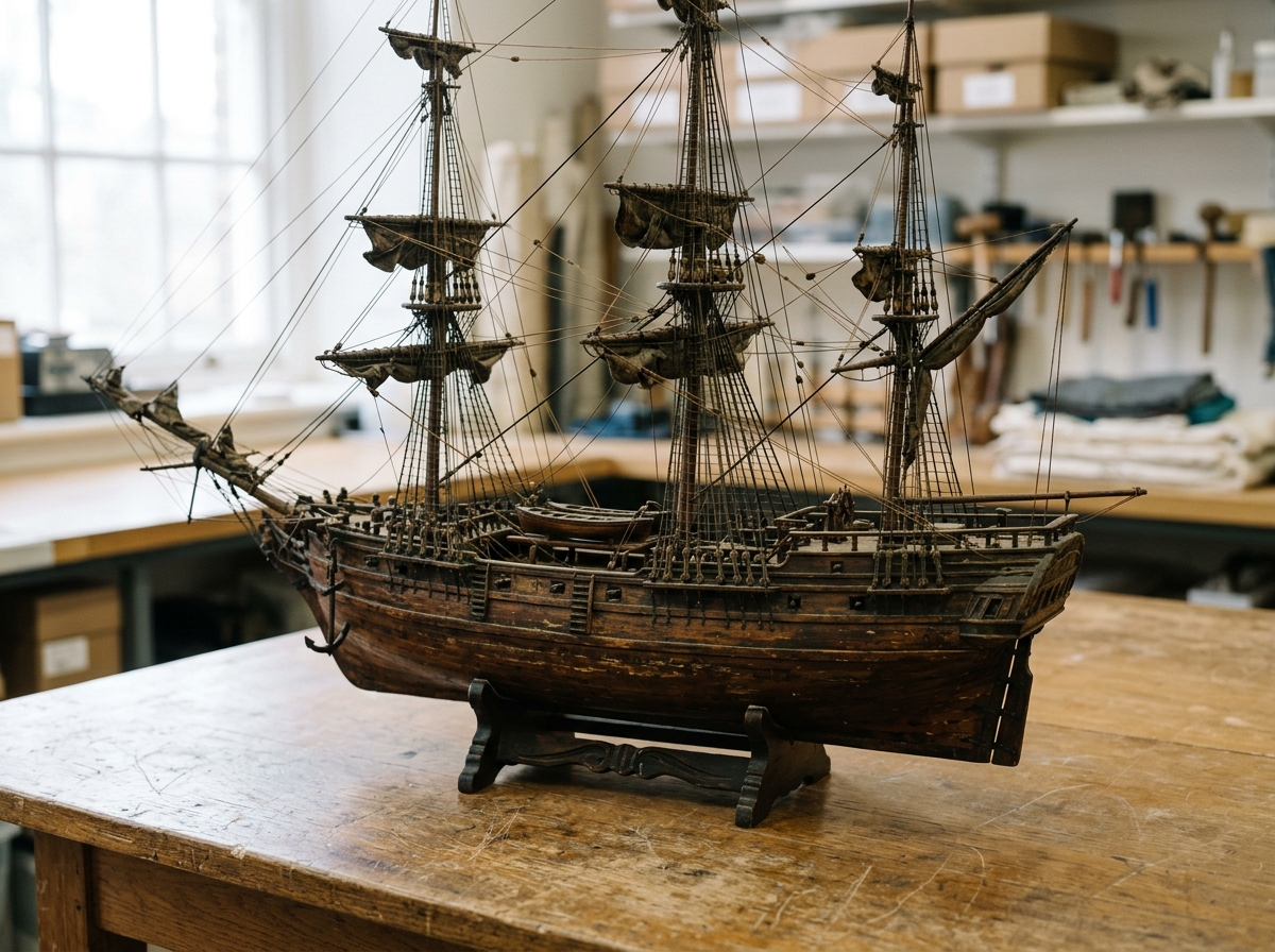Generated reference image of an antique wooden model ship with rigging, hull, stand, aged varnish, and condition details